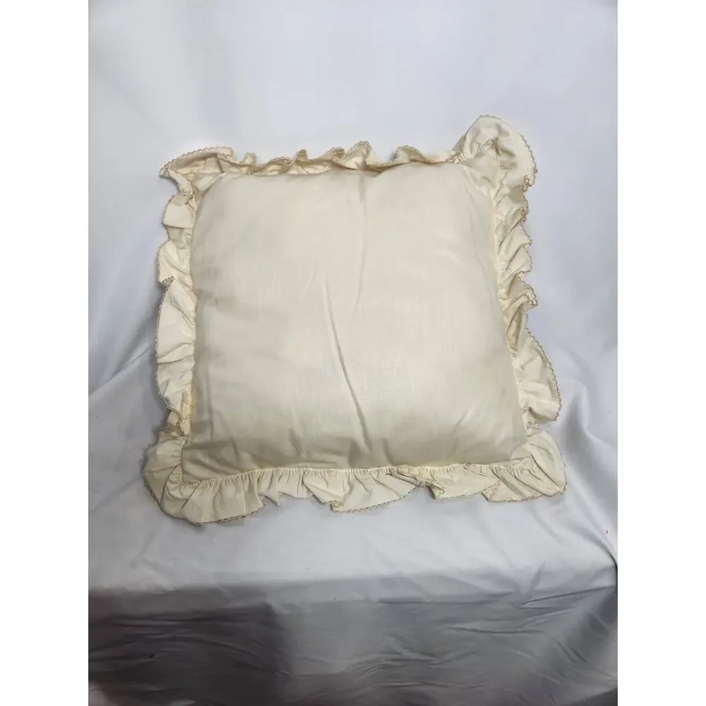Vintage Handmade Embroidered Cottagecore Ruffle Throw Pillow Hearts & Blue...